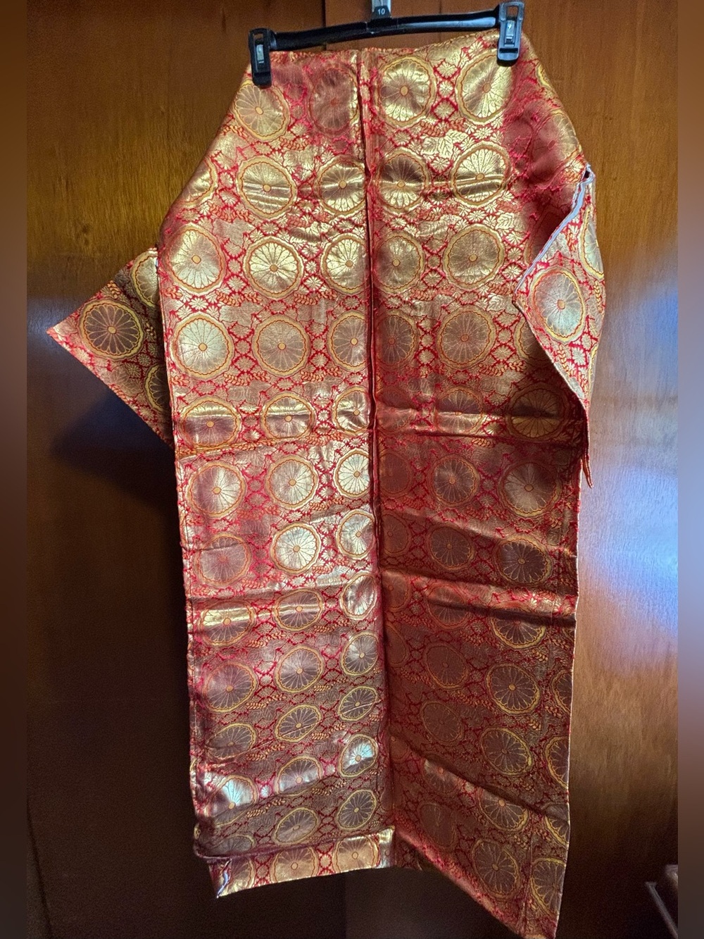 Vintage Japanese Silk Brocade Kimono Robe Large Metallic Orange & Gold Pattern - Picture 3 of 15